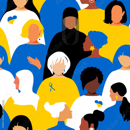 Women of different nationalities and religions. Seamless pattern. The concept of uniting in the struggle for equal rights. Support for Ukraine on Independence Day August 24, 2022. Vector.