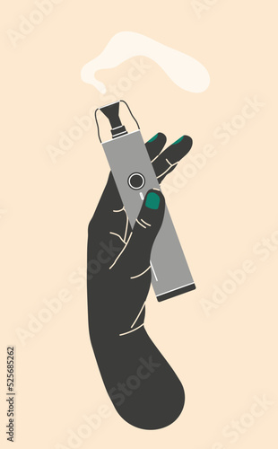Hand holding vape, color illustration. Electronic cigarettes and vape concept. Modern vector illustration. Variety of designs vape pens and pod mods. Flat vector design for web.