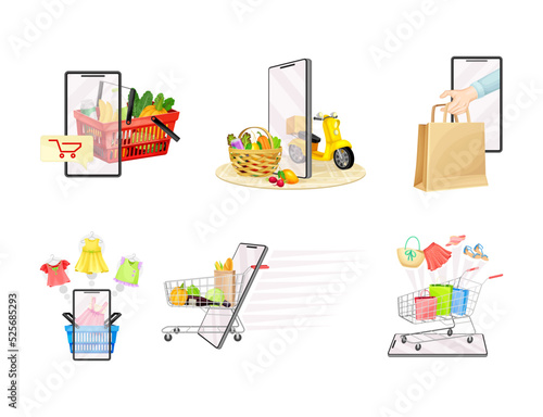 Shopping Online on mobile application set. Customers buying food and clothes via smartphone vector illustration