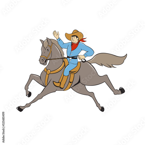 Cowboy Riding Horse Waving Cartoon