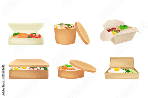 Healthy tasty dishes in disposable takeaway paper packages set flat vector illustration
