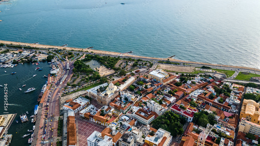 Aerial view of skyscrapers in Cartagena. Close-up drone view of hotels and skyscrapers near South Pointe Beach and coastline. Colombia, sea view