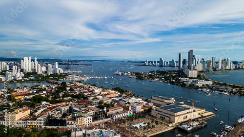 Aerial view of the skyline of the city of Cartagena, Walled City Colombia. Beautiful sea aerial view