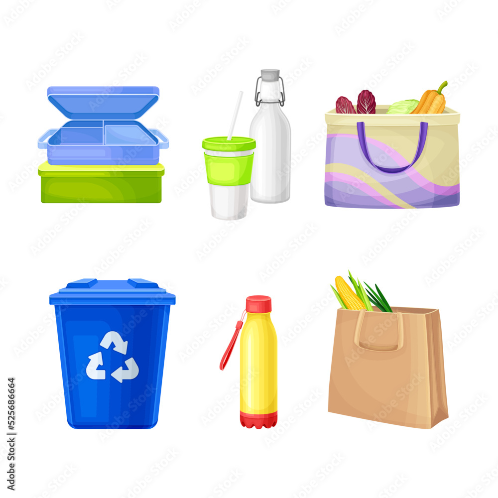 Zero waste goods set. Eco friendly, recyclable and reusable products vector illustration Zero waste goods set. Eco friendly, recyclable and reusable products vector illustration