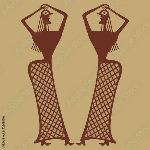 Symmetrical design with two standing ancient Greek women with long hair. Archaic Minoan vase painting design.  photo