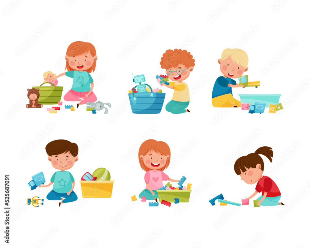Cute little boys and girls cleaning up his toys and putting toys into boxes set cartoon vector illustration Cute little boys and girls cleaning up his toys and putting toys into boxes set cartoon vector illustration