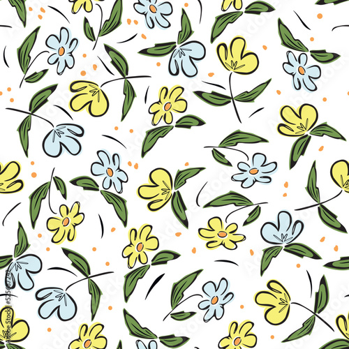 Seamless pattern fromYellow and blue flowers. Primitive simple drawing. Flat style. Black contour, colored spots. Element for botanical design of textiles, packaging, postcard