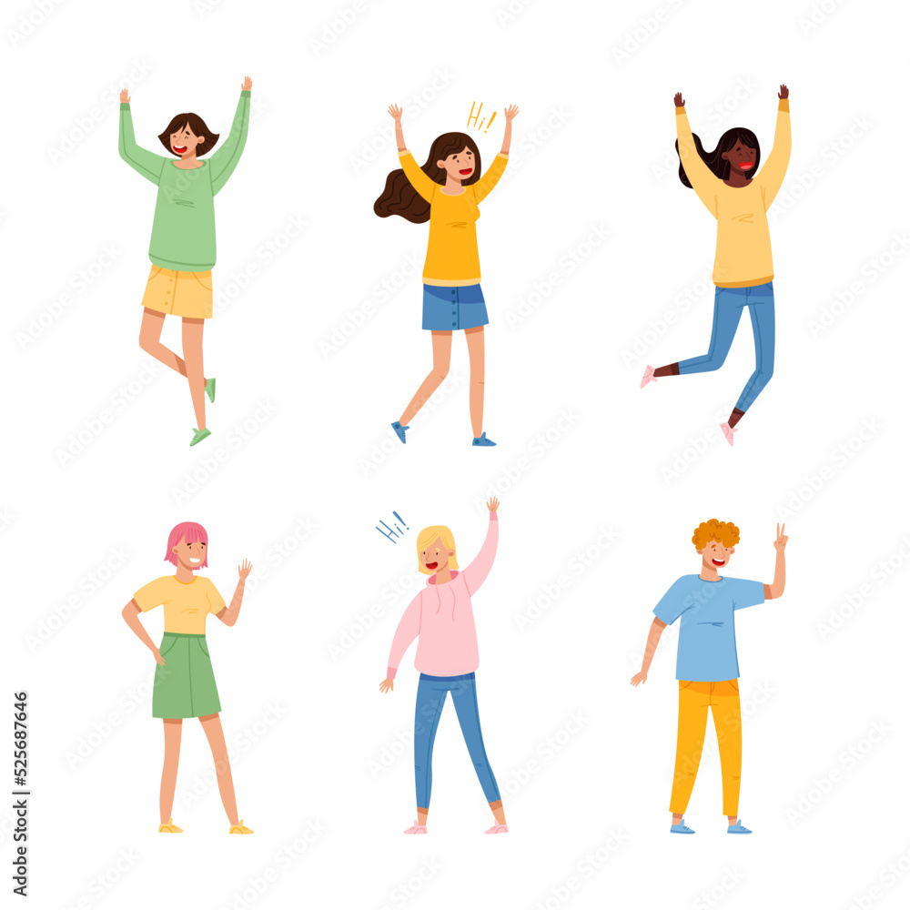 Set ofpeople waving their hands in greeting. Teenagers raised their hands up waving affably cartoon vector illustration