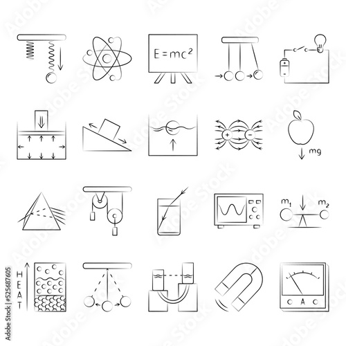 Physics icon set in sketch style