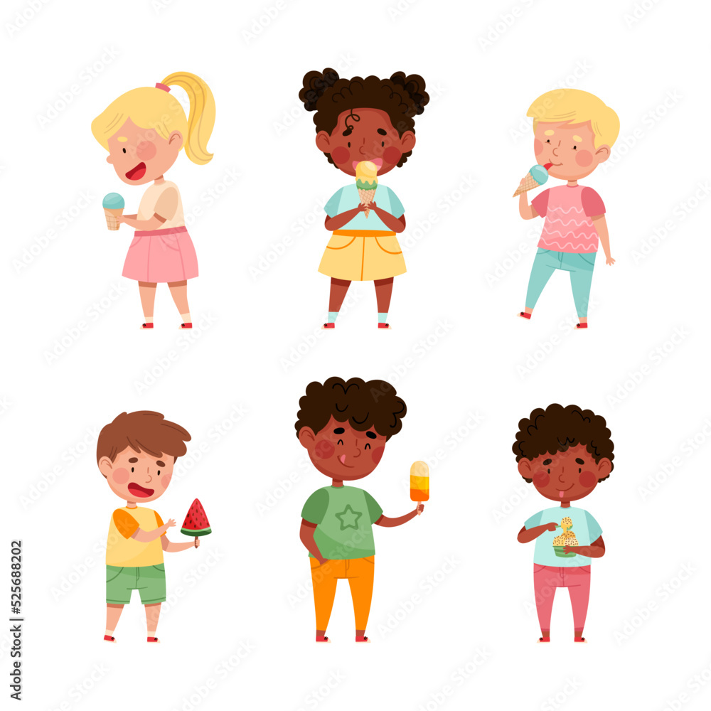 Kids eating ice cream set. Cute little boys and girls feeling happy with their ice cream cartoon vector illustration Kids eating ice cream set. Cute little boys and girls feeling happy with their ice cream cartoon vector illustration