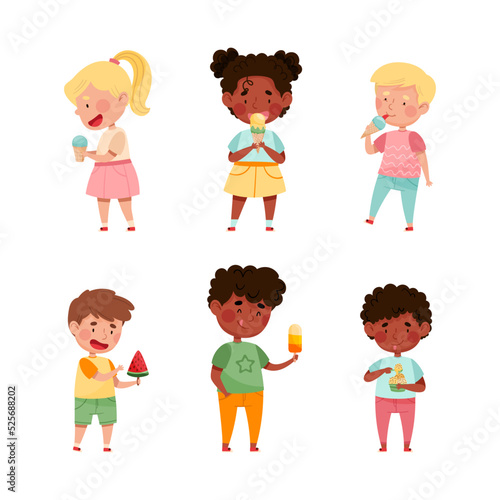 Kids eating ice cream set. Cute little boys and girls feeling happy with their ice cream cartoon vector illustration