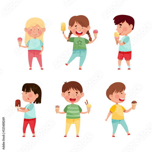 Smiling kids eating ice cream set. Cute little boys and girls feeling happy with their ice cream cartoon vector illustration