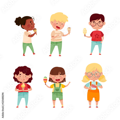 Set of cute little boys and girls feeling happy with their ice cream cartoon vector illustration