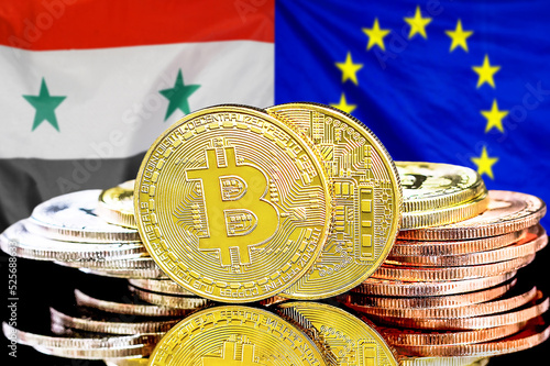 Bitcoins on flag Syria and EU background. Concept for investors in cryptocurrency and Blockchain technology in Syria and EU