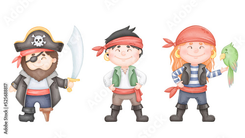 Watercolor cartoon cute pirates isolated © ekkoss