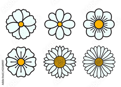 Simple daisy, chamomile and marguerite flower icons. Set of wild flowers with petals