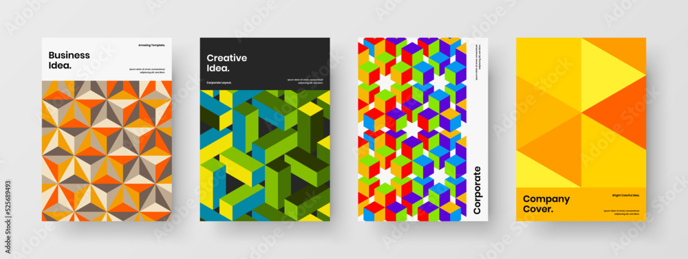 Abstract mosaic hexagons handbill layout set. Clean company brochure vector design template collection.