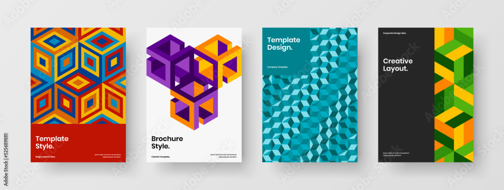Multicolored mosaic pattern magazine cover illustration collection. Amazing corporate brochure vector design template set.
