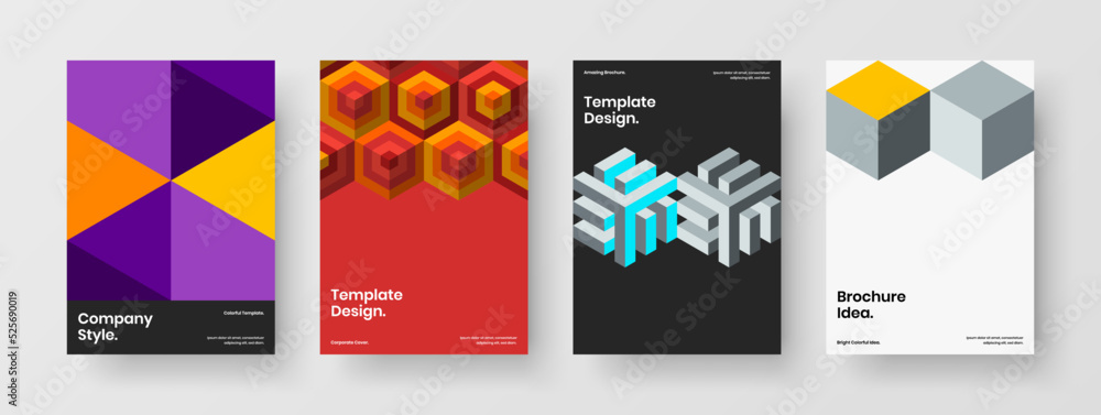 Simple mosaic hexagons catalog cover template composition. Trendy corporate brochure A4 design vector illustration bundle.