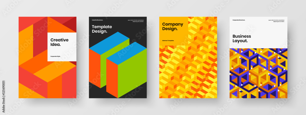 Multicolored book cover vector design concept collection. Clean geometric shapes brochure layout set.