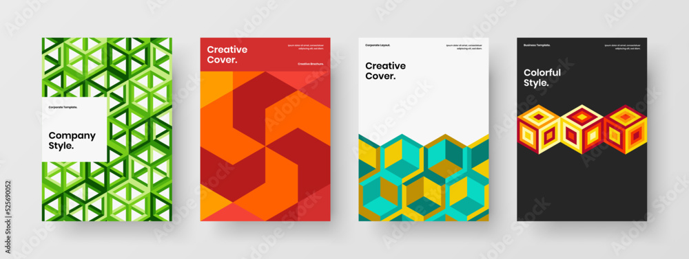 Fresh placard design vector illustration composition. Premium geometric tiles magazine cover template set.