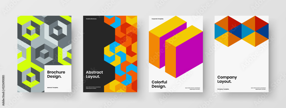 Minimalistic leaflet vector design template bundle. Premium geometric hexagons cover illustration set.