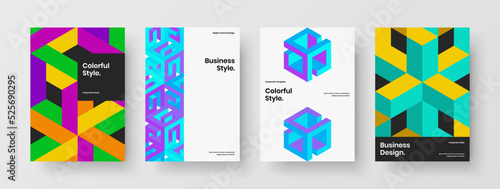 Multicolored corporate brochure design vector template set. Vivid mosaic shapes poster illustration bundle.