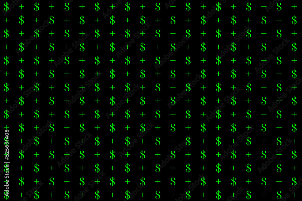 dollar and plus sign pattern on black background