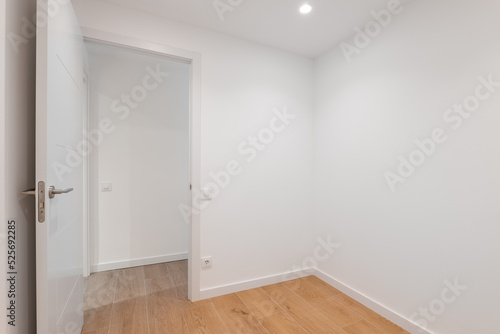 Empty room with laminate flooring and newly painted white wall in refurbished apartment with corridor leading to other rooms. Repair and construction concept.