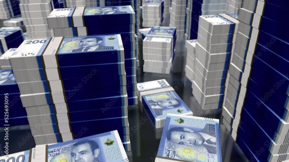 Morocco money Moroccan Dirham money notes packs loop. 3D flight over 200 MAD banknotes stacks towers. Loopable seamless abstract background concept of business, economy crisis and finance. Morocco money Moroccan Dirham money notes packs loop. 3D flight over 200 MAD banknotes stacks towers. Loopable seamless abstract background concept of business, economy crisis and finance.