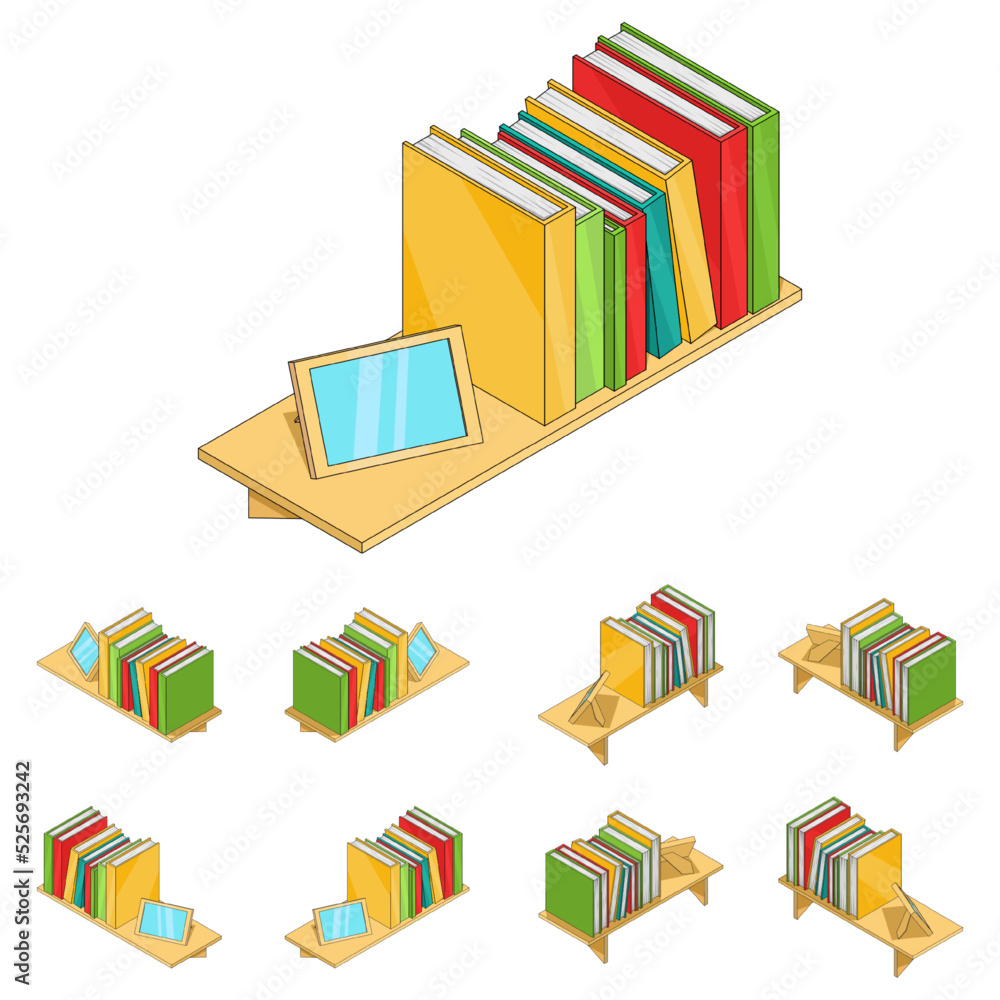 Bookshelf. A large set of vector images in isometric. Wooden shelf with books and photo frame. Kit for games from different angles. Room interior design. Vector illustration in cartoon style. Bookshelf. A large set of vector images in isometric. Wooden shelf with books and photo frame. Kit for games from different angles. Room interior design. Vector illustration in cartoon style.