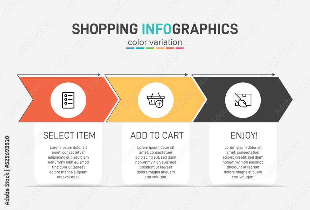 Fototapeta premium Concept of shopping process with 3 successive steps. Three colorful graphic elements. Timeline design for brochure, presentation, web site. Infographic design layout.