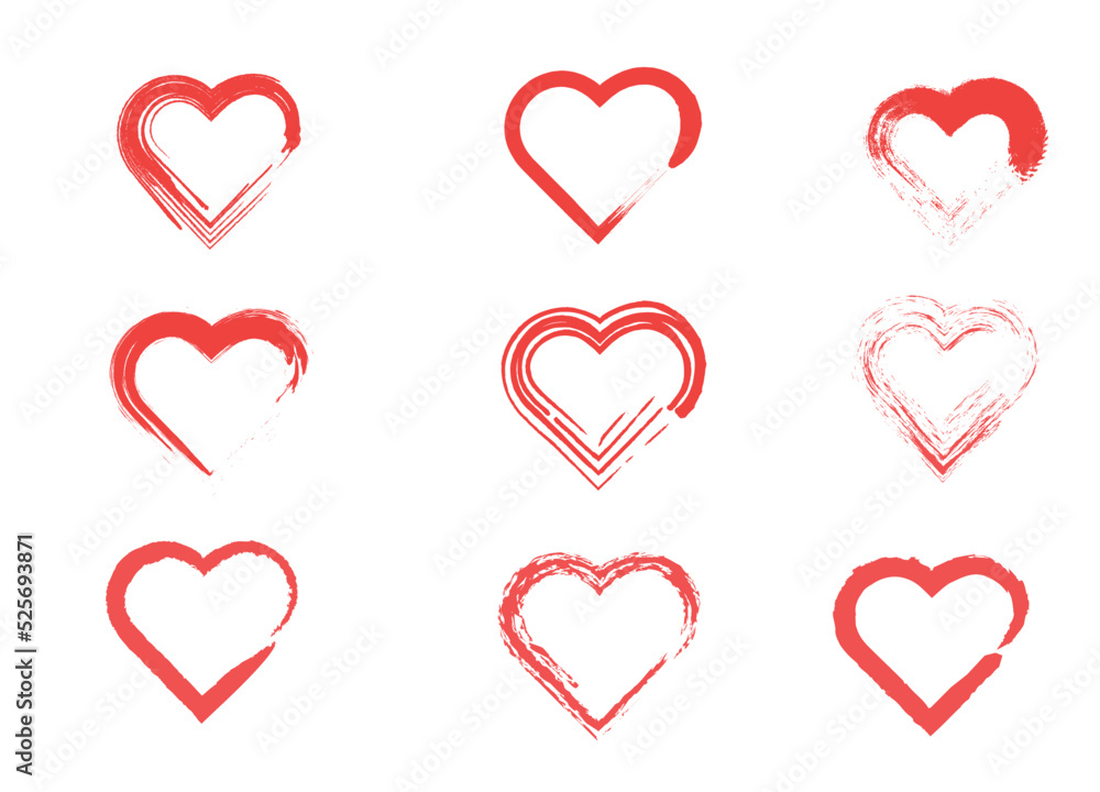 Red brush heart icon contour set Red brush heart icon contour set