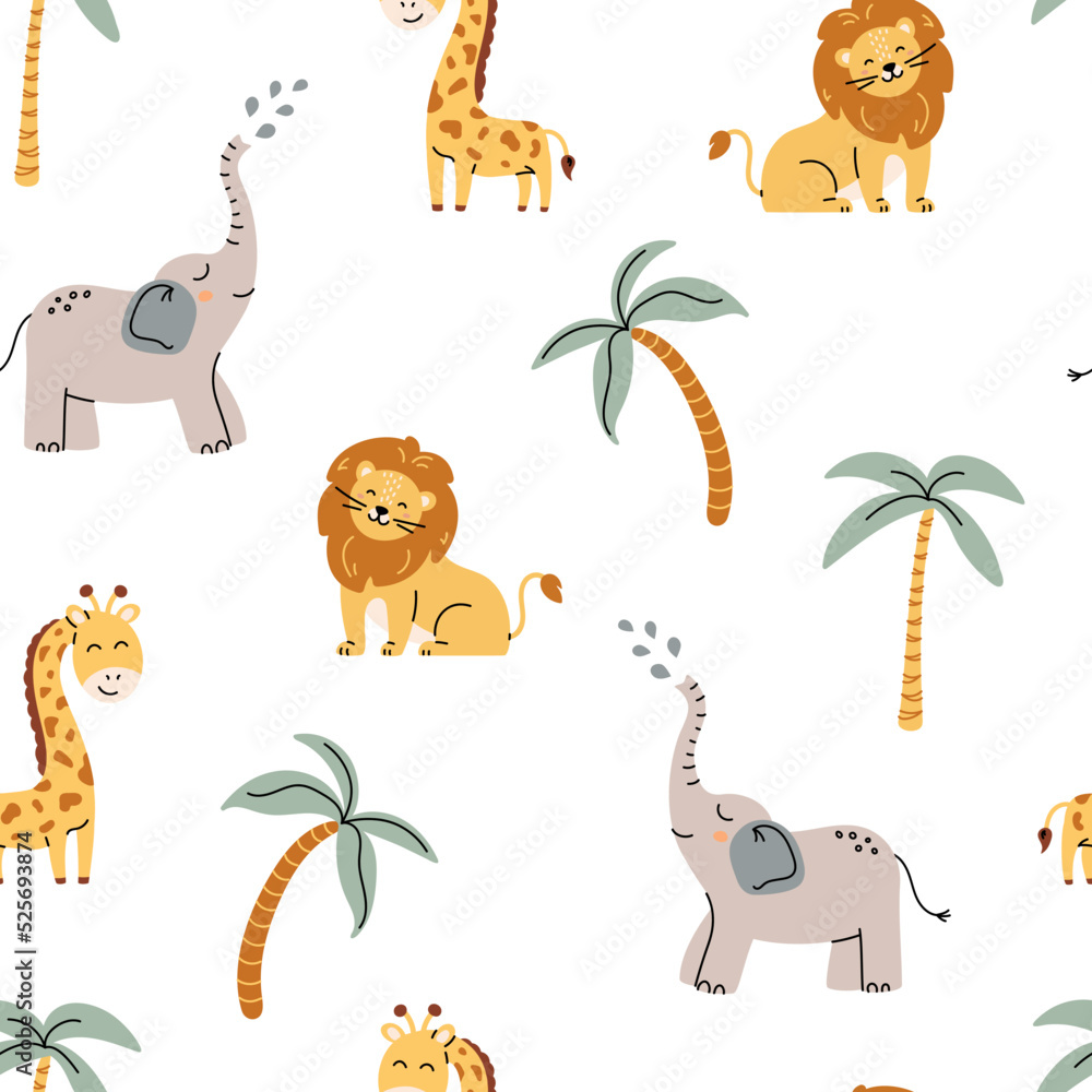 Seamless Pattern with african animals on white background. Safari childish seamless pattern with lion, elephant, giraffe with green palm trees on white background.