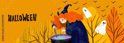 Banner for Halloween with witch cooking the potion in the cauldron, forest, ghosts on orange background. Hand drawn illustration