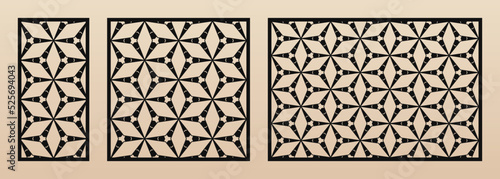 Laser cut pattern collection. Vector design with elegant geometric ornament, abstract floral grid, hexagonal mesh. Template for cnc cutting, panels of wood, metal, plastic. Aspect ratio 1:2, 1:1, 3:2