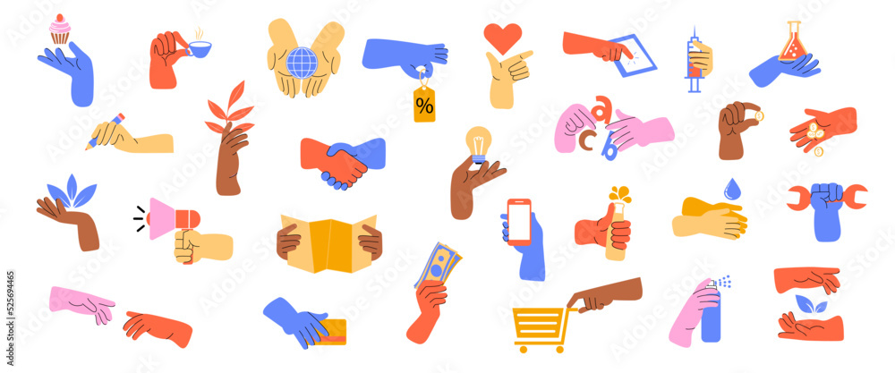 Different objects in human hands on a white background