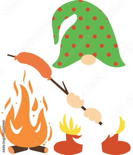 Camping gnome svg vector illustration isolated on white background. Camper Gnome roasts sausage on a campfire.