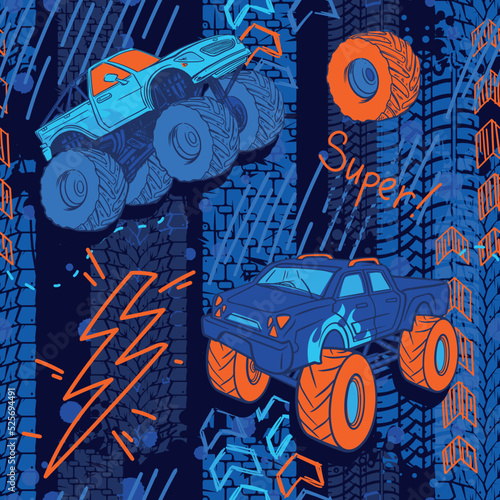 Abstract seamless cars pattern for boy on background. Childish style wheel auto repeated backdrop. Red and blue sportcar