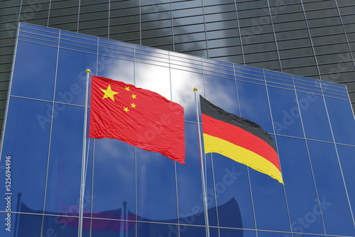 Photography Flags of China and Germany in front of facades of modern commercial buildings