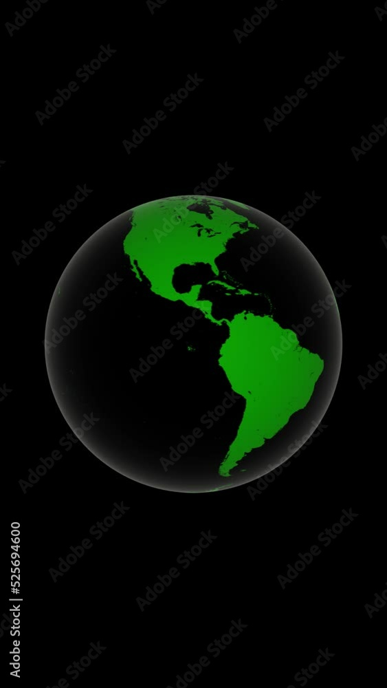 Looping green earth globe planet rotation on clean black vertical video animation background. Looping green earth globe planet rotation on clean black vertical video animation background.