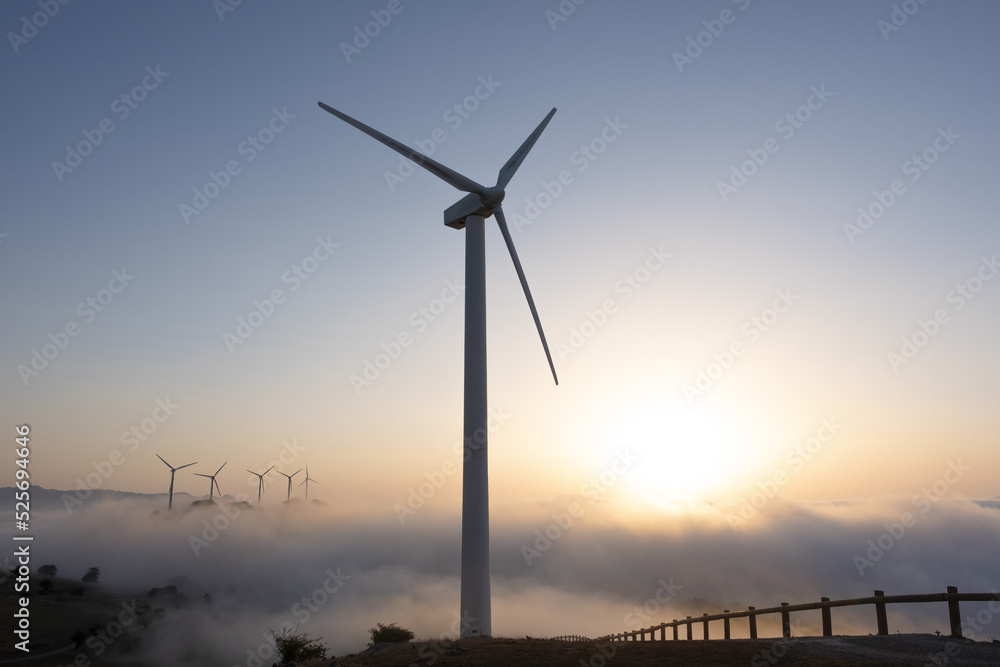 Wind turbines in the fog. Wind farm at sunset and sun above the clouds.
