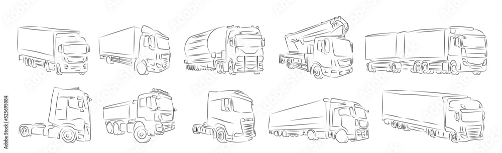 10 LKW Trucks | Lastkraftwagen Laster Lorry Zeichnung Lineart Stock