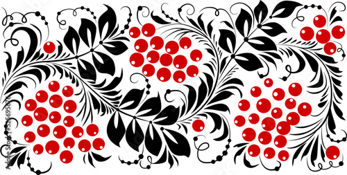 Ukrainian style poster based on Ukrainian folk embroidery in red and black on a white background. Petrykivka.