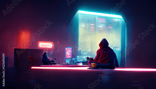 A young guy, a hacker, in a sweatshirt with a hood sits at a table in a dark room with neon light. 3D illustration. photo