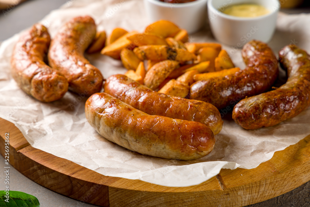 assorted sausages with sauces and potato wedges on the board on brown concrete table macro close up assorted sausages with sauces and potato wedges on the board on brown concrete table macro close up