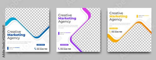 Set of modern square banner design template with colorful shape frame. Marketing agency social media post template.