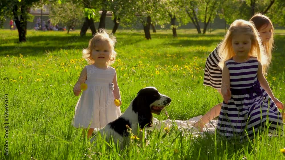 Three cute blond girls are running on the lawn in the garden with dog Three cute blond girls are running on the lawn in the garden with dog