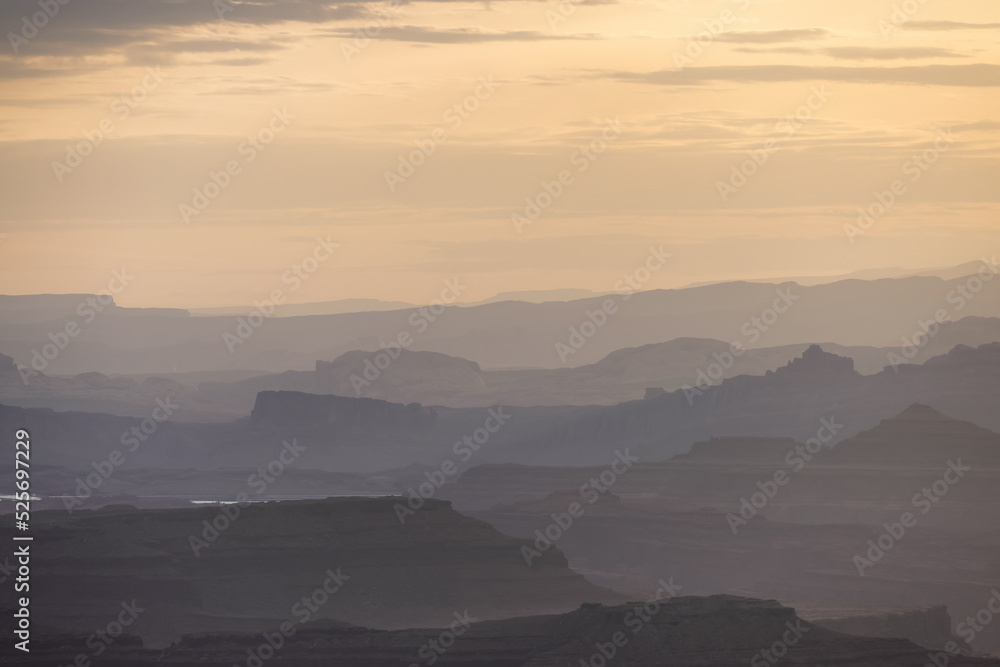 Scenic American Landscape and Red Rock Mountains in Desert Canyon. Spring Season. Canyonlands National Park. Utah, United States. Nature Background. Sunset
