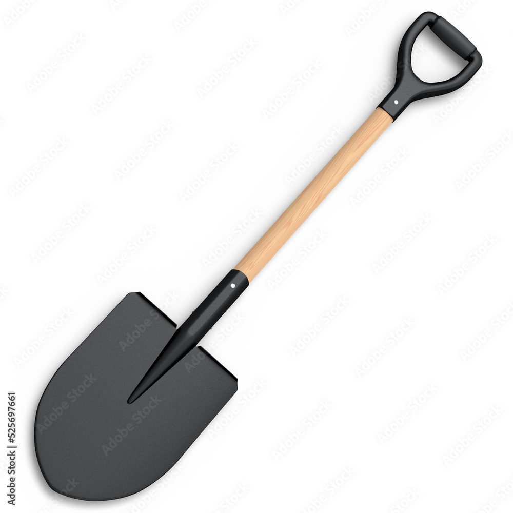 Garden shovel with wooden handle on white background, summer camping concept Garden shovel with wooden handle on white background, summer camping concept